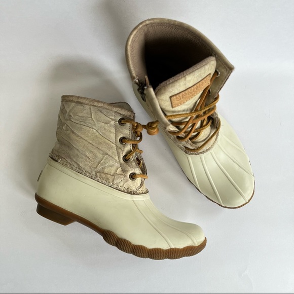 Sperry Shoes | Sperry Saltwater Waterproof Rubber Duck Boots Cream Ivory White Metallic Gold 5 | Color: Cream/Gold | Size: 5 | Providence_Co's Closet